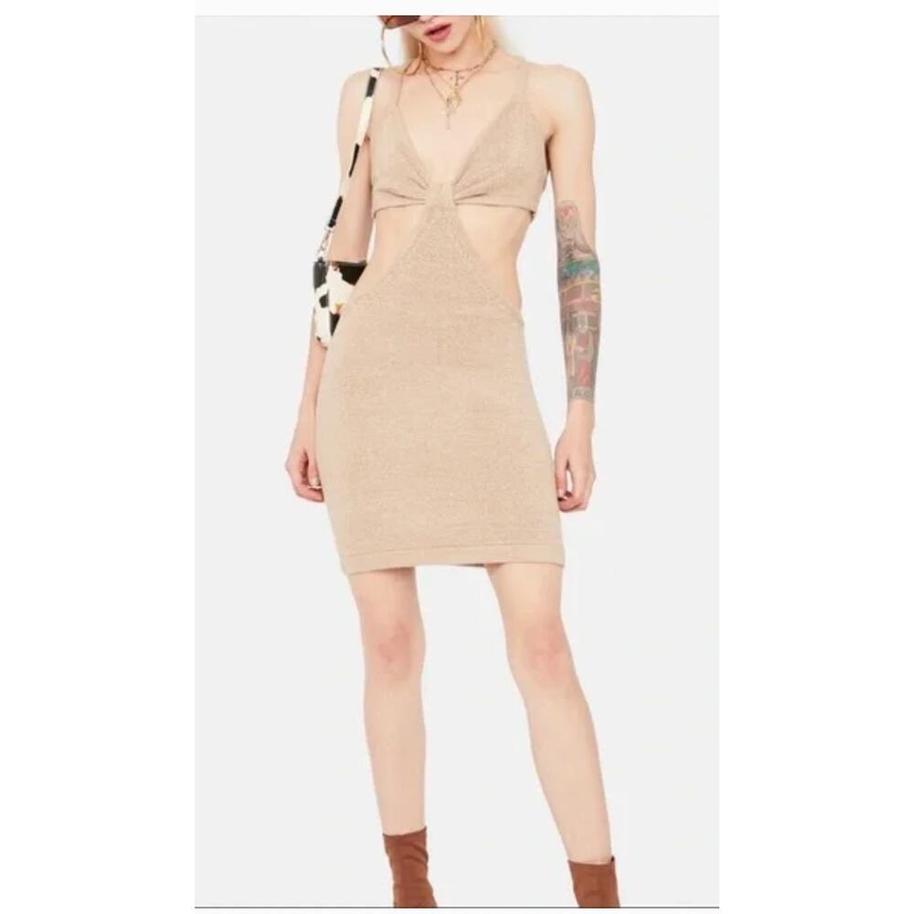 Beige Botany Dress Womens Medium Tan Rib Knit Cutout‎ Bodycon Spaghetti Mini